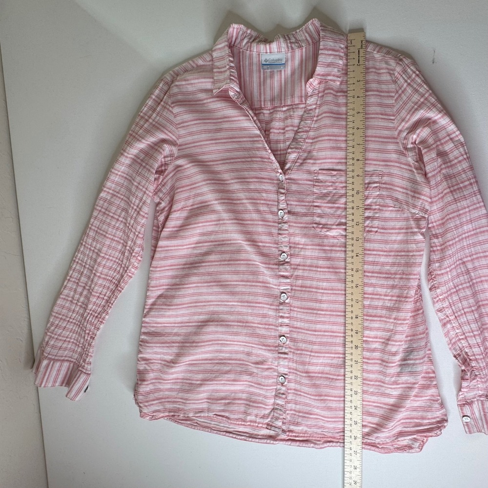 Columbia Pink Striped Shirt Large Roll Tab Lightweight Outdoors Coastal Hiking - Picture 7 of 8